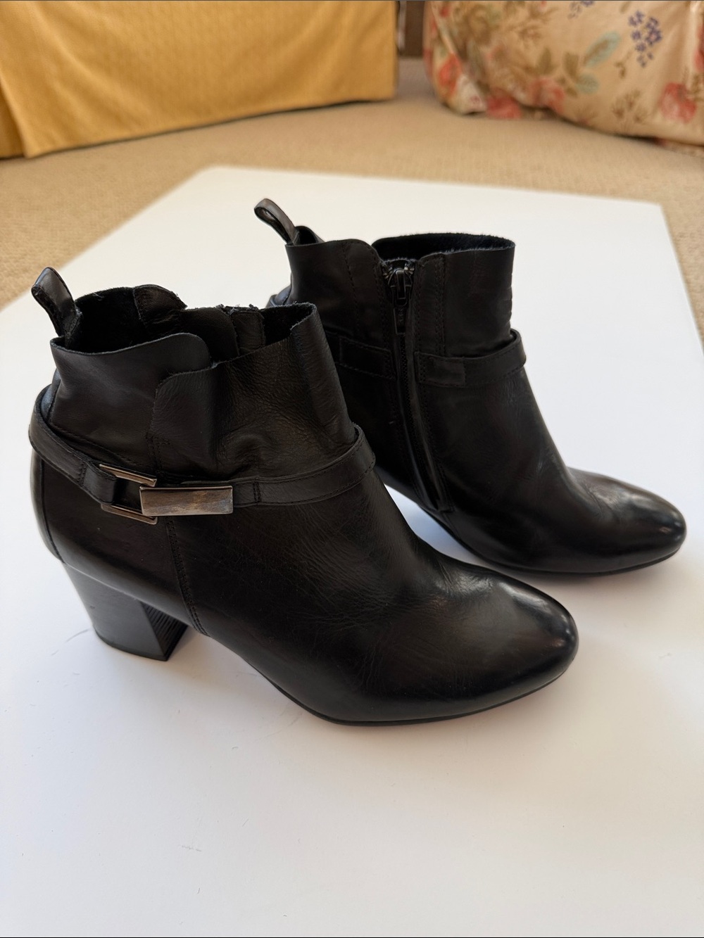 Paul Green Black Leather Ankle Booties with Decorative Buckle